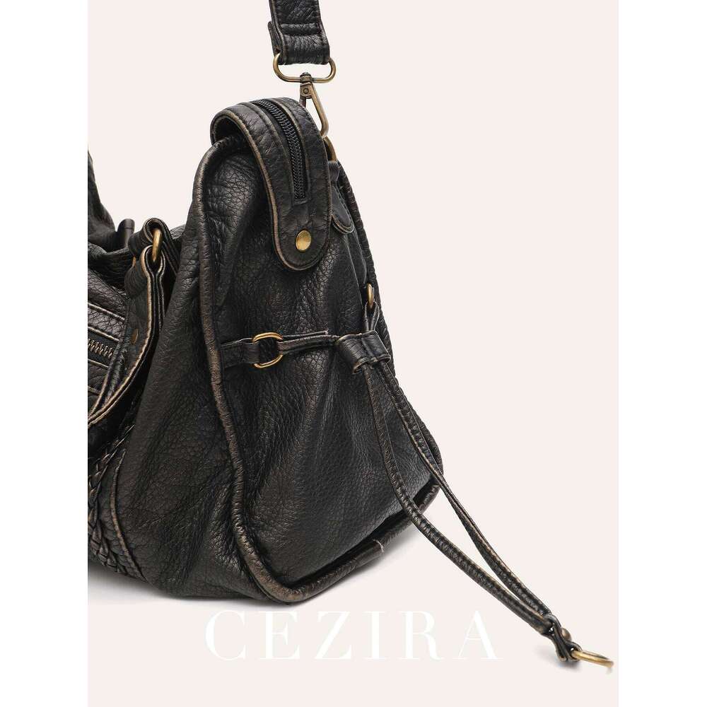 Vintage Washed PU Leather Large Capacity Tote Zip Pockets Braid Decor Shoulder Cross body Bag Unisex Women Daily Travel Handbag