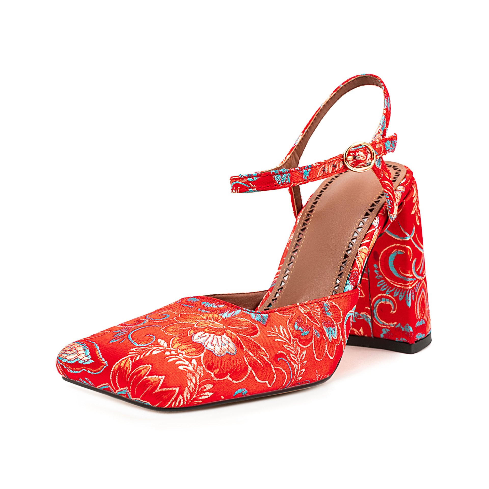 Red Satin Square-Toe Bridal Sandals - Silk Wedding Shoes with Ankle Strap and Open Toe