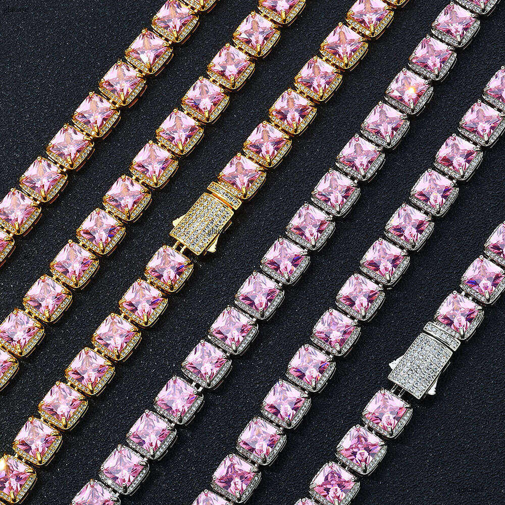Hip-Hop 10mm Square Pink Moissanite chain Ice Sugar Jewelry Accessories High-End Men's Necklace