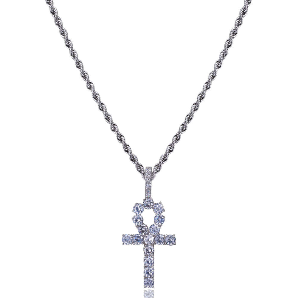 Hip Hop Dia-Encrusted Cross Sterling Silver Pendant for Men, Simple and High-End Twist Chain Necklace