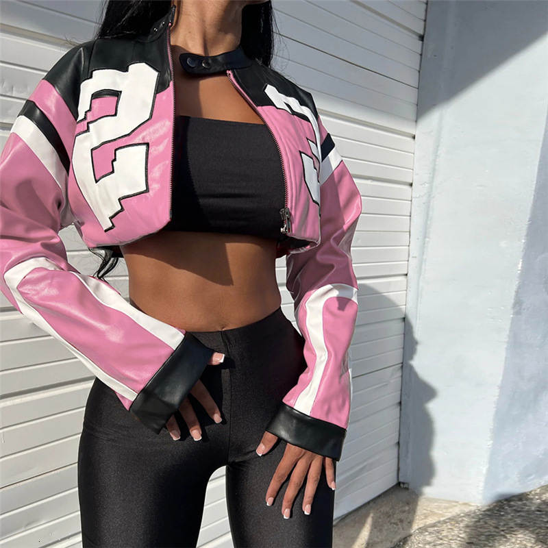 2024 Summer Womens New Fashion Motorcycle Contrast Embroidery Splicing Slim Fit Imitation Leather Jacket Coat