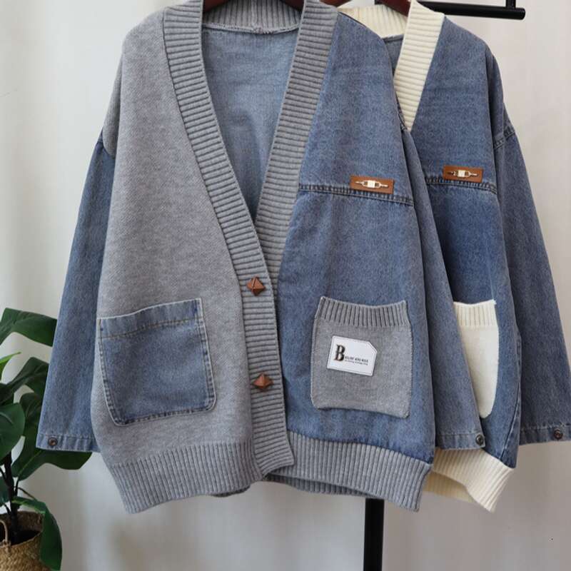 Women's Clothing Loose Lazy Style Denim Splicing Design Knitted Cardigan Women's Sweater Jacket