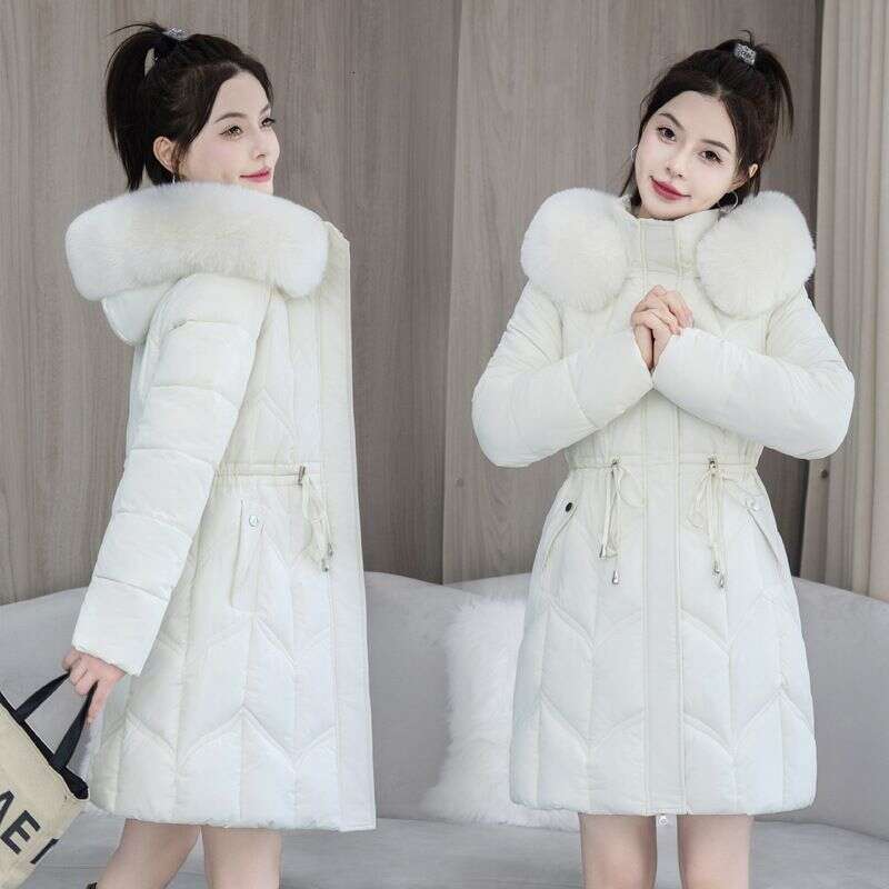 Clothing Winter Down Women's Mid Length Style Waist Thickening Warm Large Fur Collar Jacket New Cotton Coat