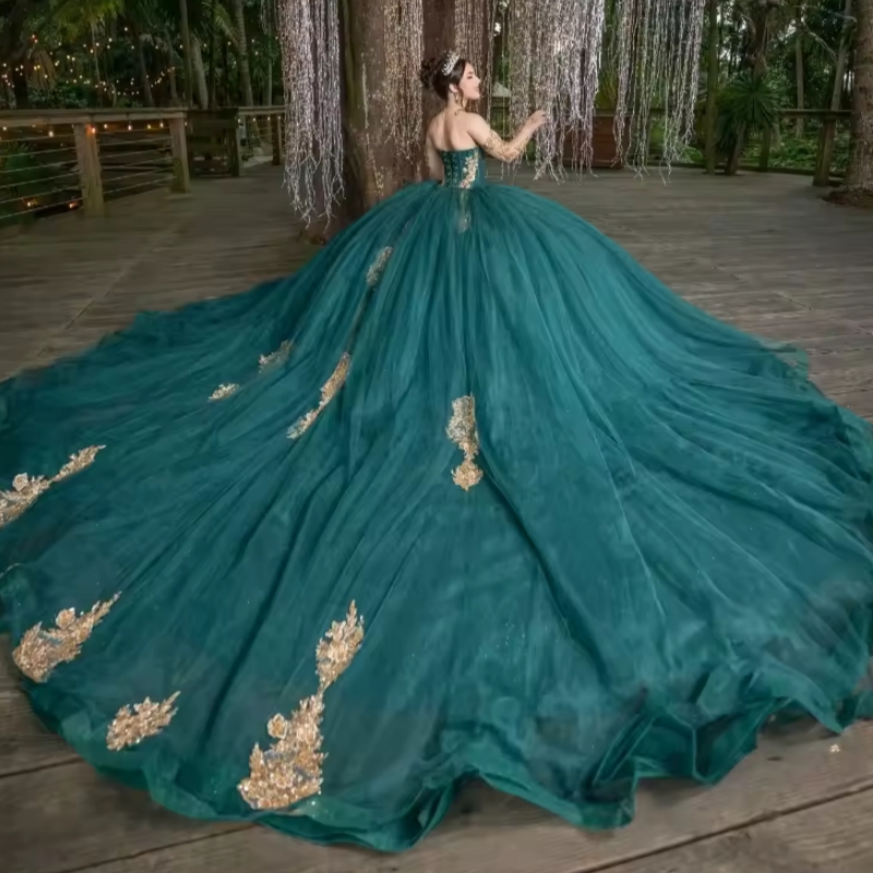 Green Quinceanera Dresses Ball Gown Off The Shoulder Gold Applique Beads Tull Corset Party Birthday Sweet 16 Vestidos 15 Anos