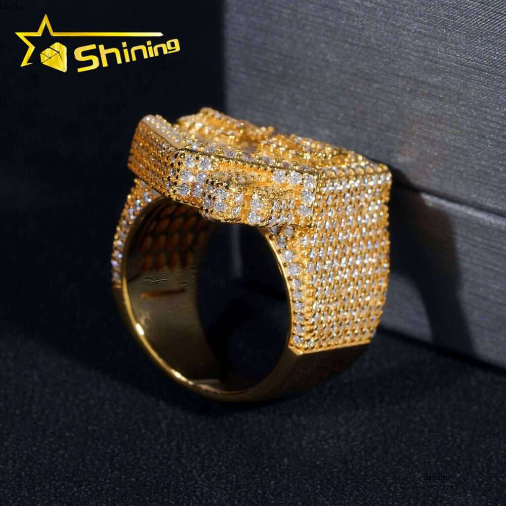 Luxury Rapper Hip-Hop Jewelry Gold-Plated Solid Pure Silver Full Iced Out Trap House Moissanite Ring
