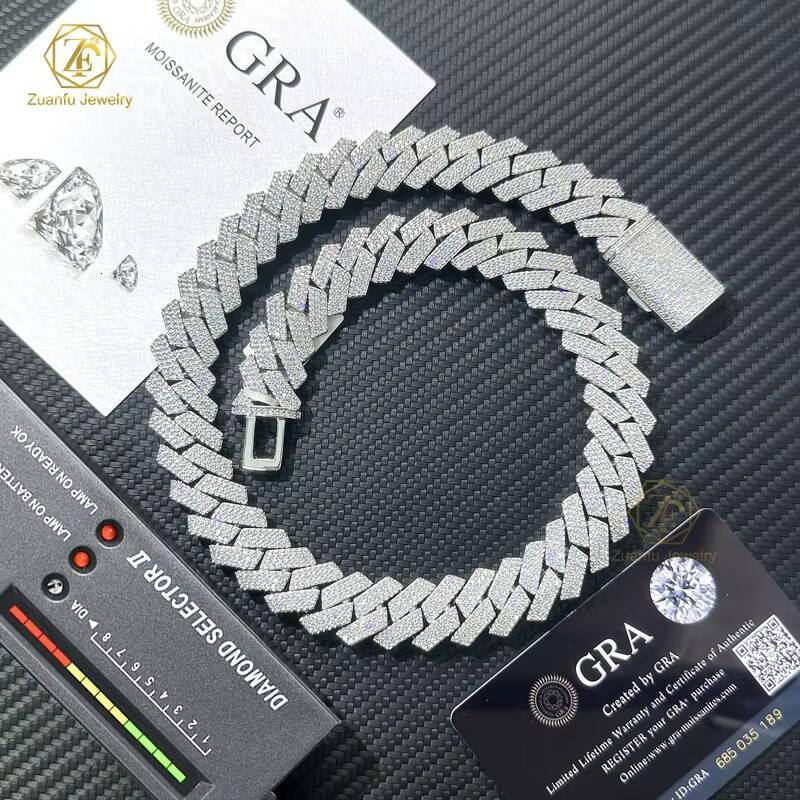 Custom Lock Pass Silver LAB Grown Diamond Tester 8mm Three Rows Iced Out Hip Hop VVS1 Moissanite Diamond Cuban Link Chain Neckla