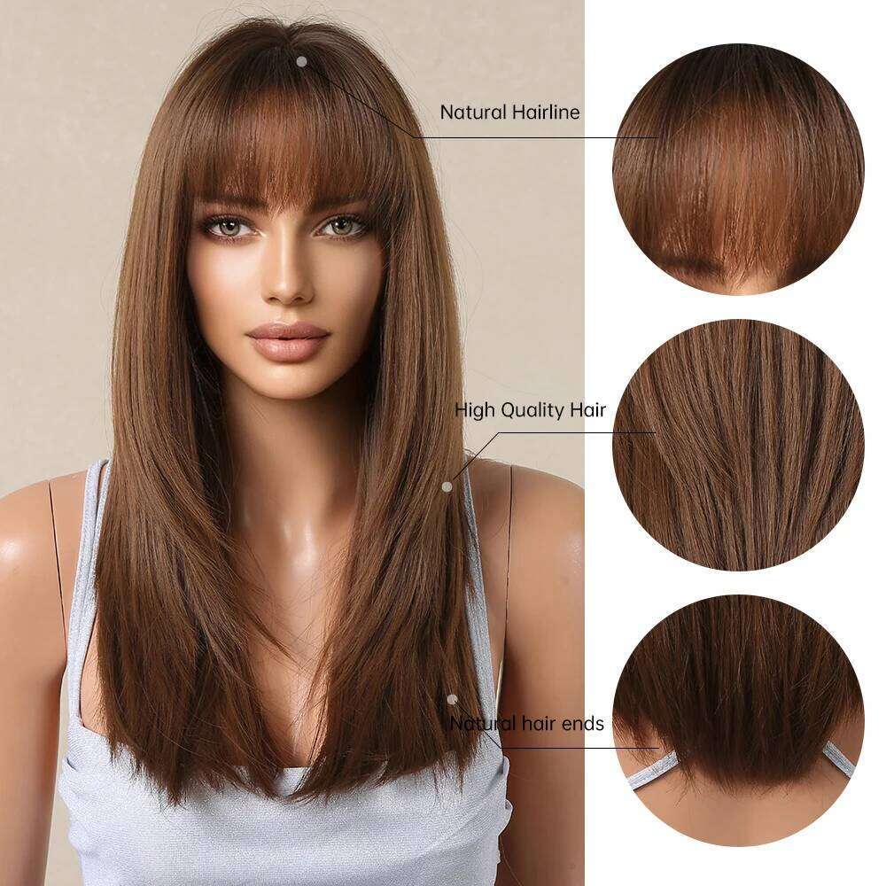 Long Straight Layered Synthetic Wigs with Bangs for Women Afro Brown Daily Natural Cosplay Wig Heat Resistant Fake Hair