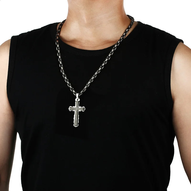 Catholic Spanish Bible Cross Pendants Necklace Stainless Steel Byzantine Link Chain Necklaces Bible Prayer Male Jewelry Gift 250805