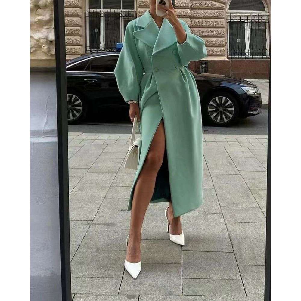 Women's woolen intellectual wind pocket lapel winter new solid color lantern sleeve female coat