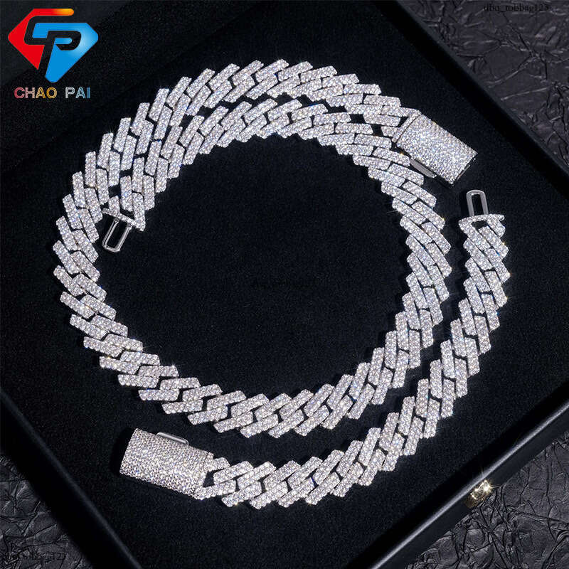 15mm Rhombus Sterling Silver Inlaid Moissanite chain Cuban Chain Hip Hop Men's Trendy Brand Bracelet Necklace