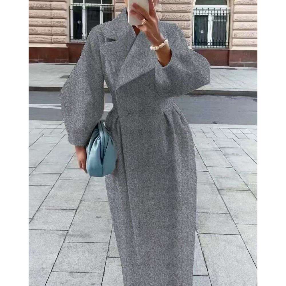 Women's woolen intellectual wind pocket lapel winter new solid color lantern sleeve female coat