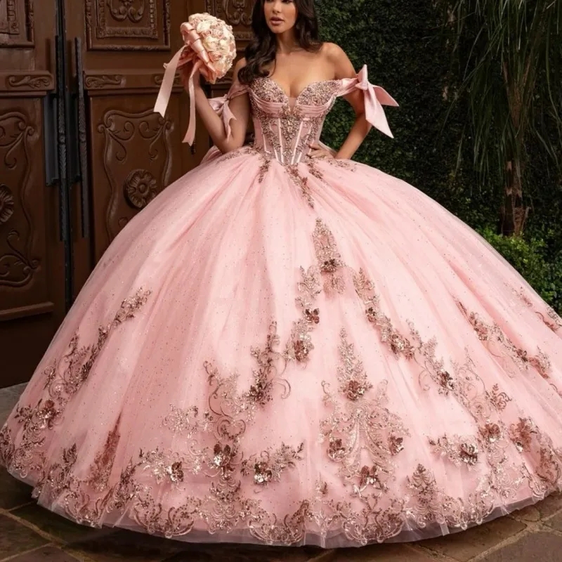 Princess Pink Quinceanera Dresses Ball Gowns Off Shoulder Lace 3D Applique Sweet 16 Gowns Sweep Train Backless Prom Party Gowns 2026