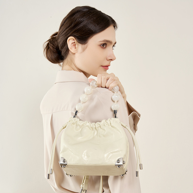 New Chinese Style Beaded First Layer Cowhide Hand-Grasped Flower Pleated Lucky Handbag Shoulder Crossbody Women's Bag