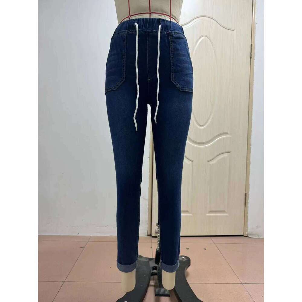 Stretch Pencil Pants Women High Waist Lace Up Distressed Denim Ankle Length Trousers Slim Denims 2024 Streetwear Vintage Jeans