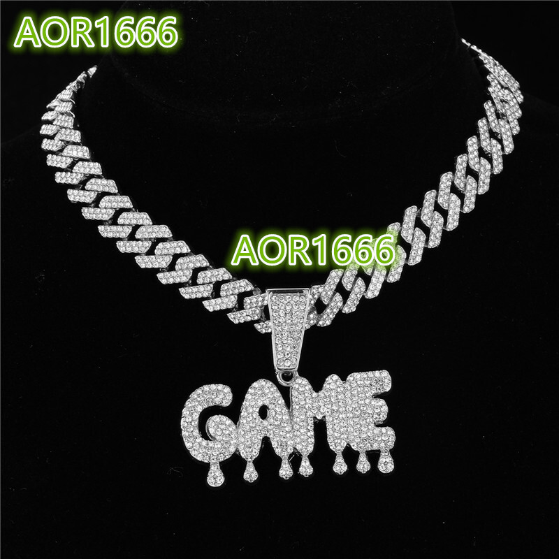 Hip Hop Icy Bling Jewelry Mens Luxury Gold Plated Rhinestone Diamond Drip GAME Letter Pendant With Prong Cuban Necklace CHAIN