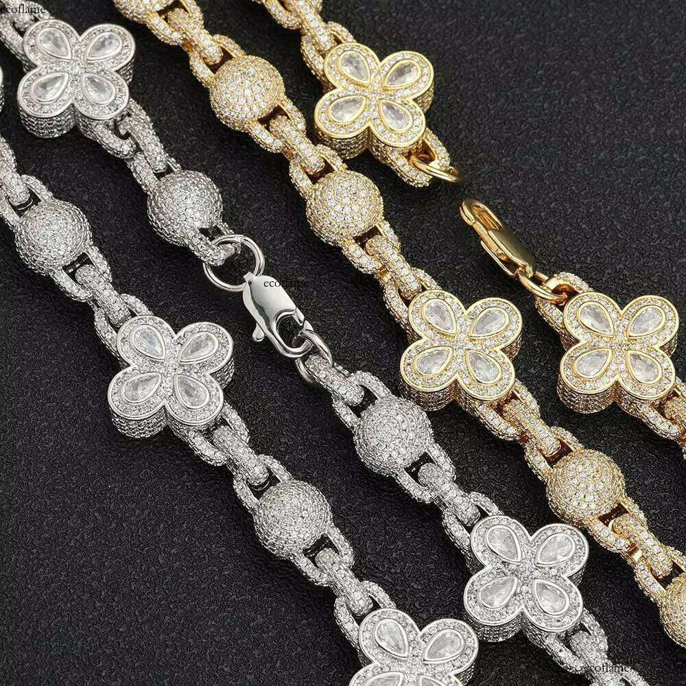 Hip Hop Jewelry Iced Out Dia Four-Leaf Clover Women's Full Pave Shiny Zircon Round Ball Beaded Link Chain Bracelet