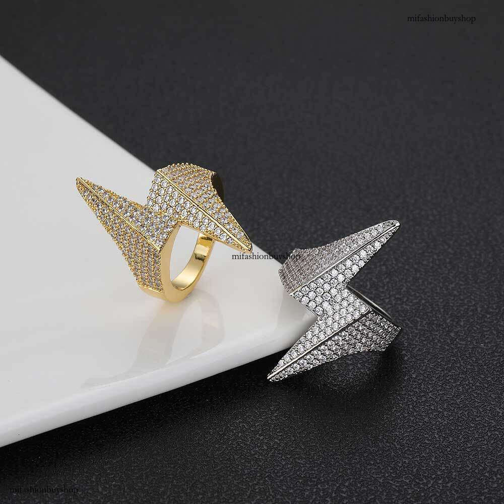 Rhombus Lightning Trendy Brand Personality Hip-Hop Sterling Silver Inlaid Full Zircon Men's Ring Jewelry