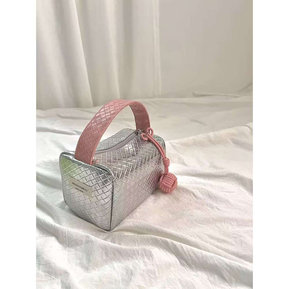 Sier and Pink Gradient Woven Pattern 2025 New Handbag Small Portable Makeup Storage Organizer Bag