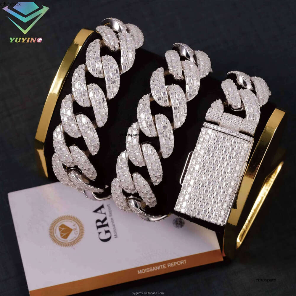 Design VVS Baguette Moissanite Chain 23mm Wide Solid Sier Gold Plated Iced Dia Rapper Cuban Link Necklace