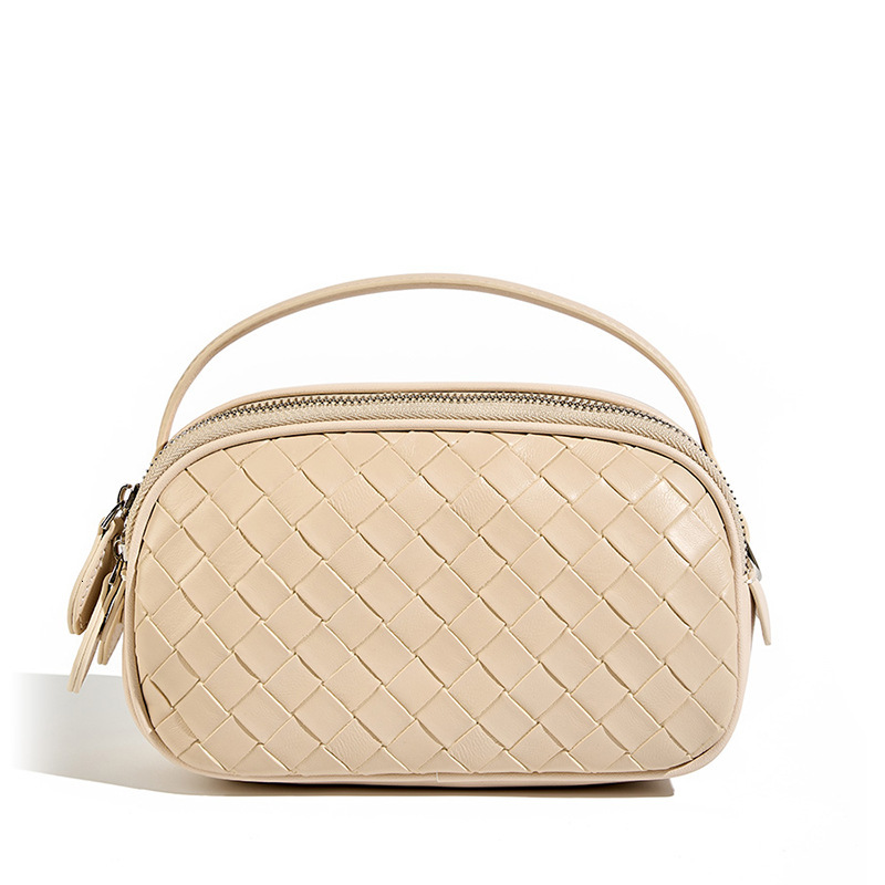 Summer New Genuine Leather Handbag Square Fashion Woven Double Zipper Shoulder Crossbody Small Casual Women's Bag