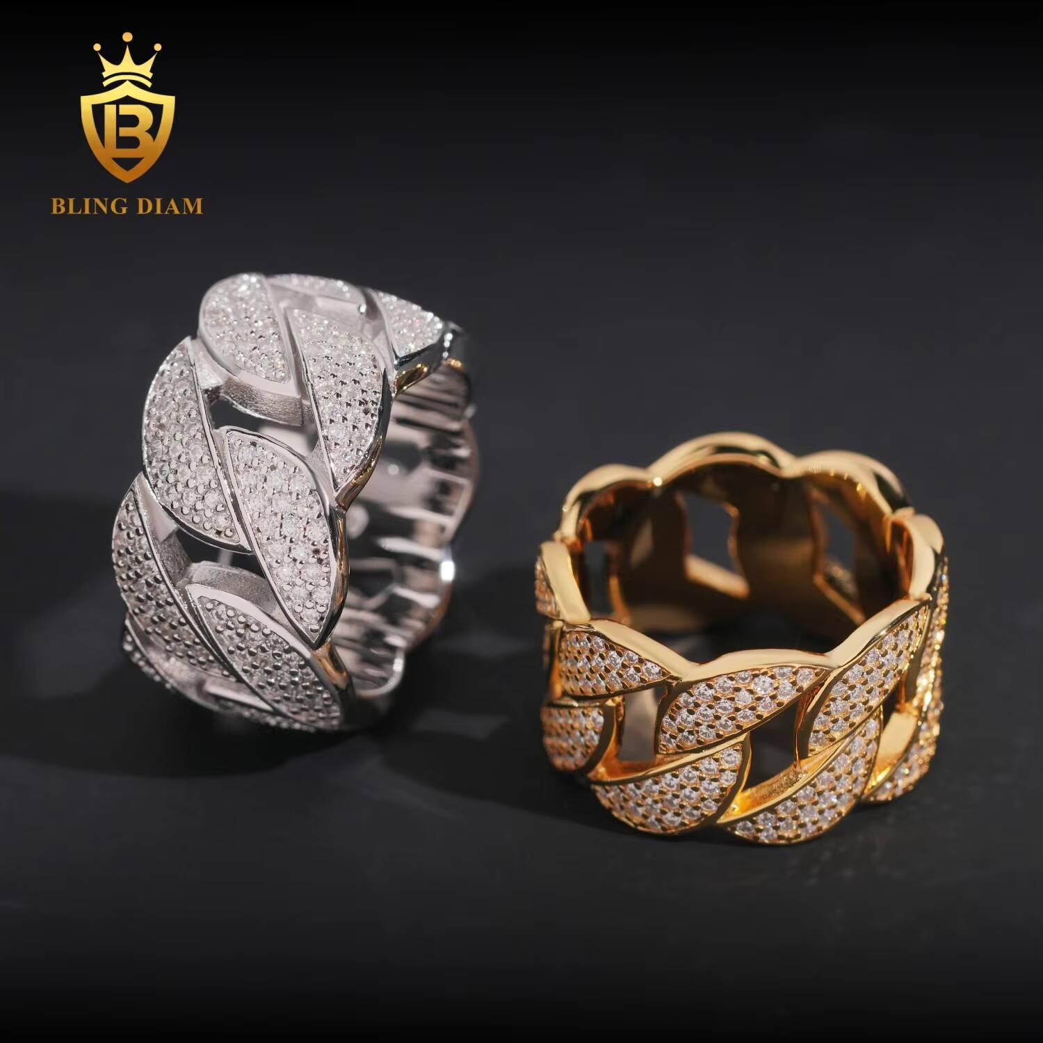 Wholesale Factory Price Hip Hop Jewelry Fully Iced Out 925 Silver Gold Cuban Rings Mens Custom Moissanite Ring