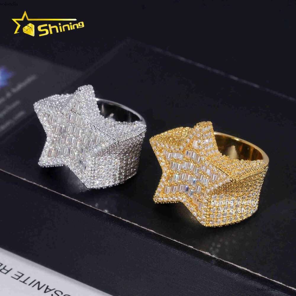 New Arrival Hip Hop Men Sterling Sier Gold Plated Iced Out Baguette Moissanite Star Ring
