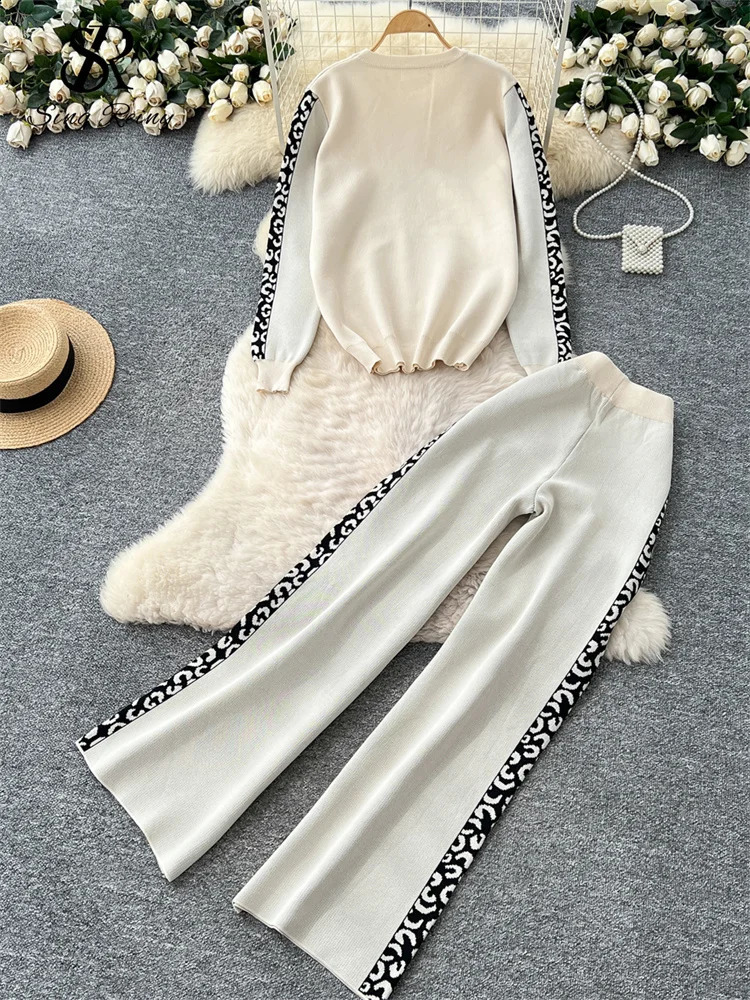 SINGREINY est Autumn Warm Women Suits O Neck Full Sleeves Loose PulloverWide Legs Long Pants Casual Print Knitting Sets 250808