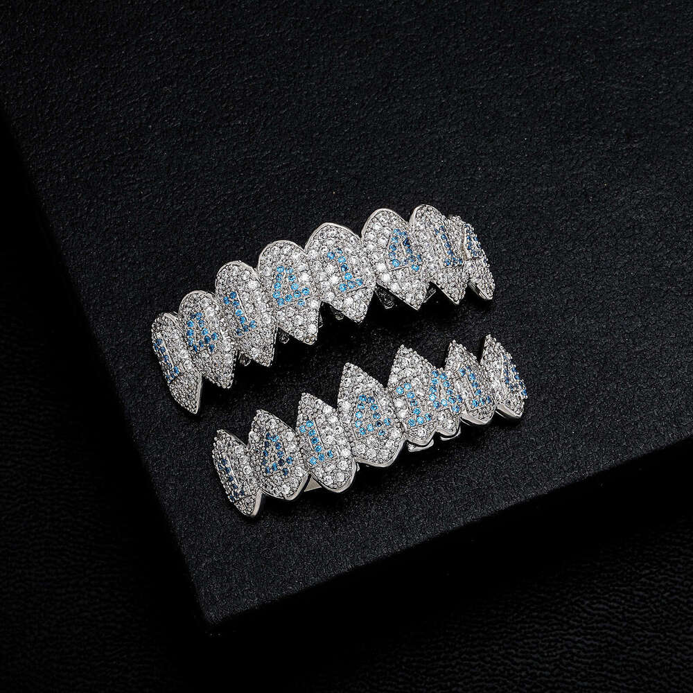 Blue Dia Number Gold Eight Teeth Micro Pave Full Zircon Fangs Set Halloween Vampire Personality Dentures