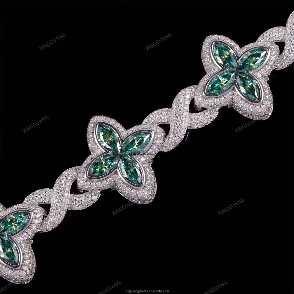 Fine Jewelry New Arrival Design VVS White Green Moissanite Dia Sier Gold Plated Cuban Link Four Clover Bracelet