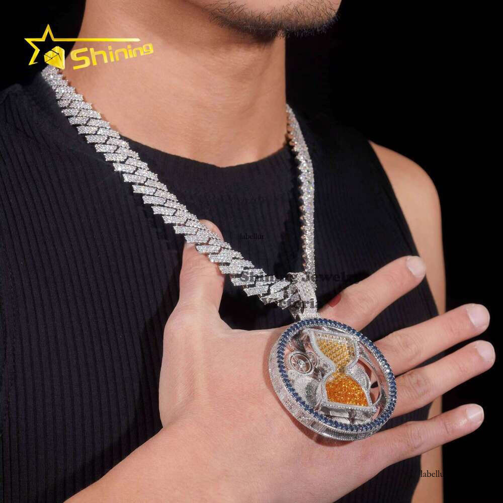 Unique Piece Charms Jewelry Custom Moissanite Hour Glass 3 Inches Spinning Iced Out Full Colored Dias Pendant