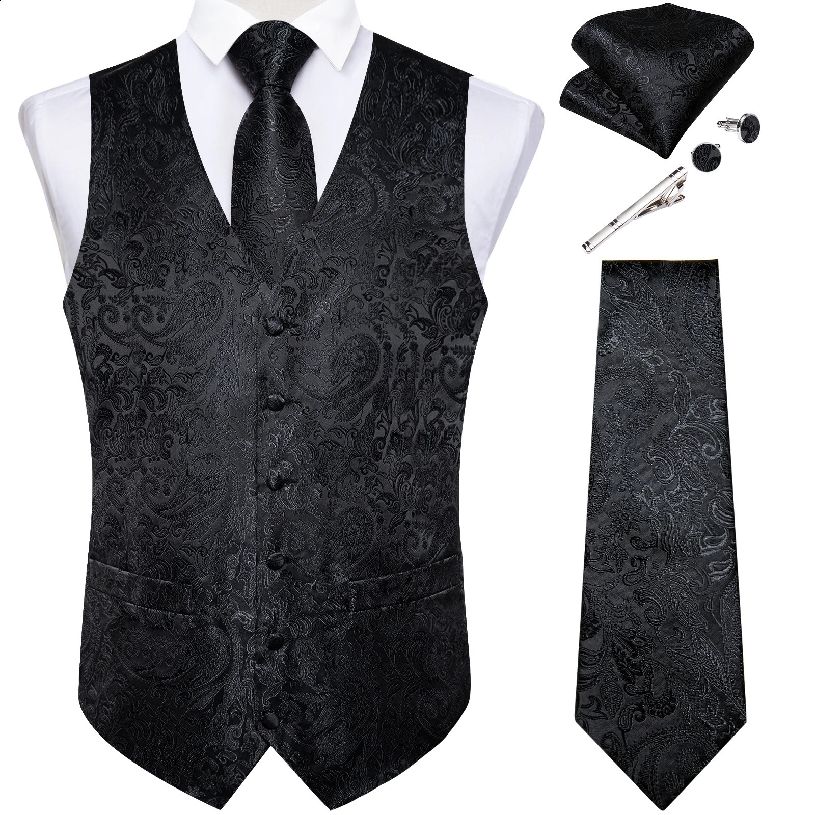 Suit Vest for Men Black Solid Paisley Wedding Prom Groom Jacquard Silk Waistcoat with Necktie Tuxedo Clothing DiBanGu 250809