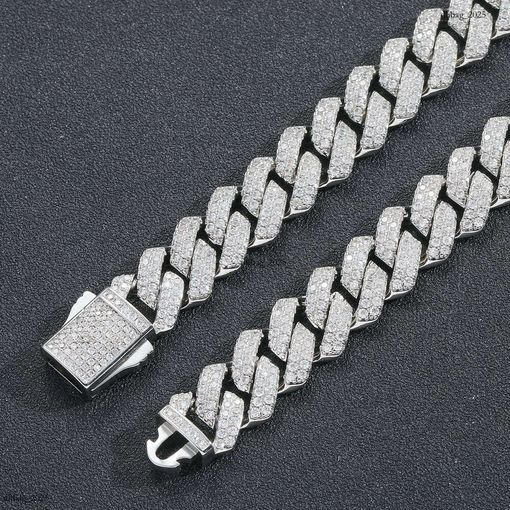 Men's Strip Spring Clasp Hiphop Sterling Silver Inlaid Moissanite chain 13mm Dia Cuban Chain Hip-Hop Necklace