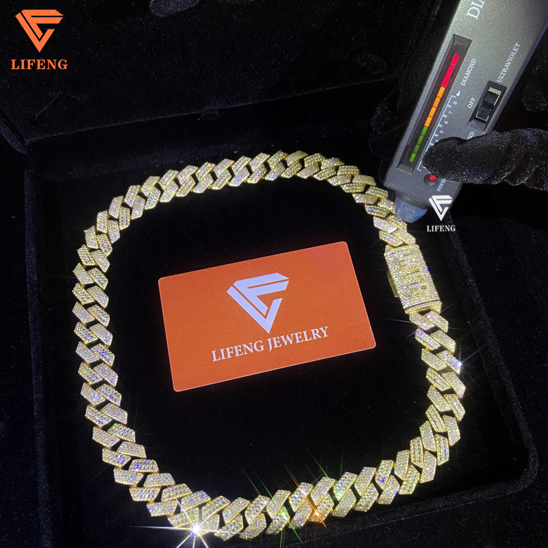 16mm Gold Plated 925 Sterling Silver Round Baguette Cut VVS Moissanite Diamond Cuban Link Chain Custom Hip Hop Fine Necklace