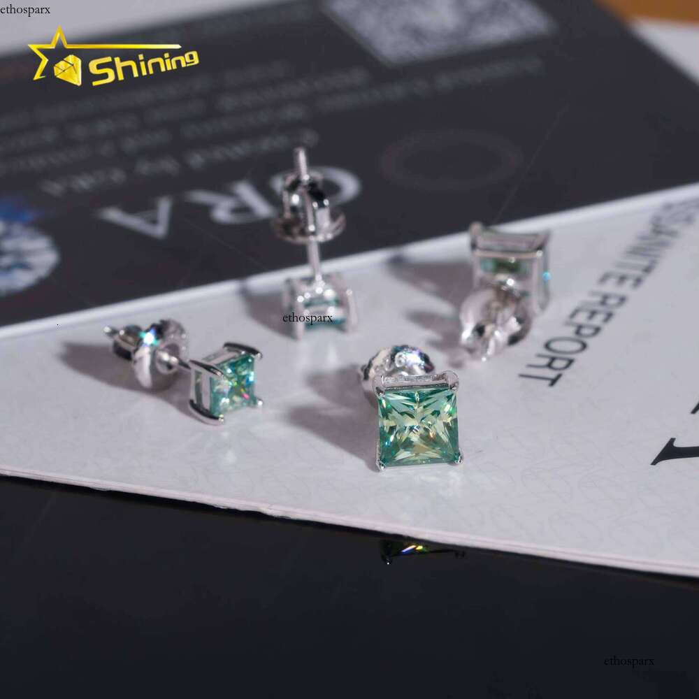 Classic Dia Earring Blue Green Princess Cut Mens Sterling Sier Square Moissanite Stud Earrings
