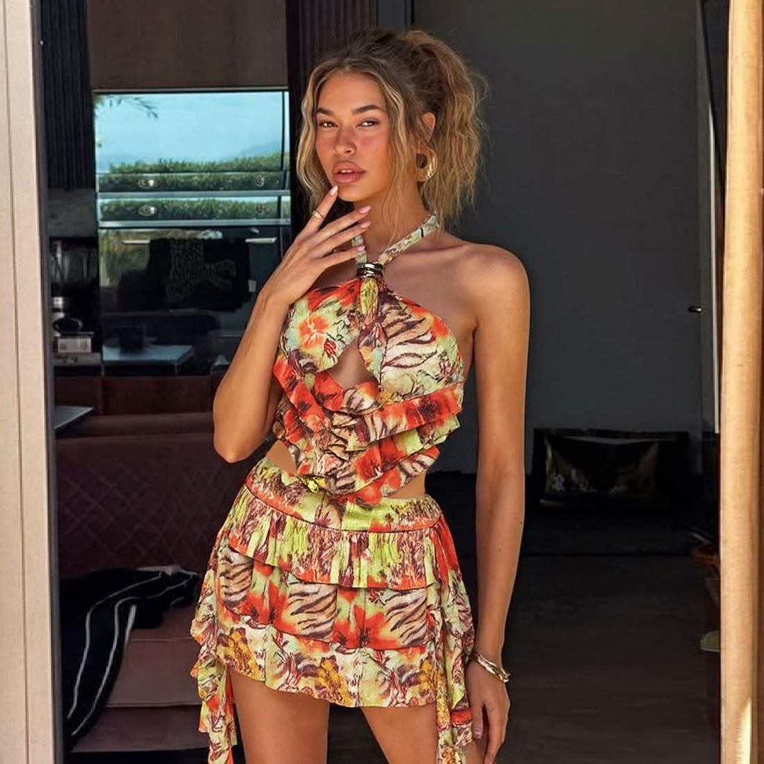 2025 Summer New Womens Fashion Hot Girl Sexy Halter Neck Tie Backless Short Dress Printed Dress