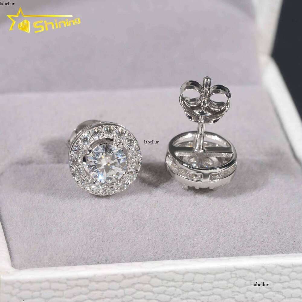 Hip Hop Jewelry Pass Tester Sterling Sier Round Halo VVS Dia Moissanite Stud Earrings