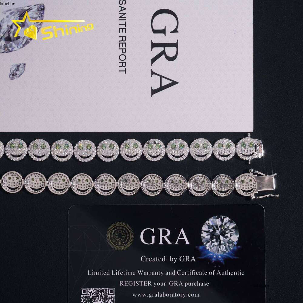 New Design Smile Emoji Green Moissanite Fashion Jewelry Gold Plated Sterling Sier Men's Iced Out Hip Hop Bracelet