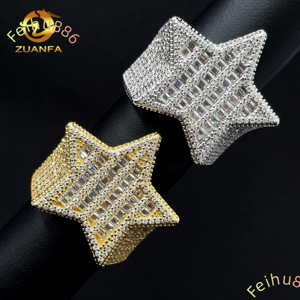 Fine Jewelry Hip Hop Style Pass Diamond Tester Iced Out Men Rings 925 Sterling Silver Moissanite Baguette Star Ring