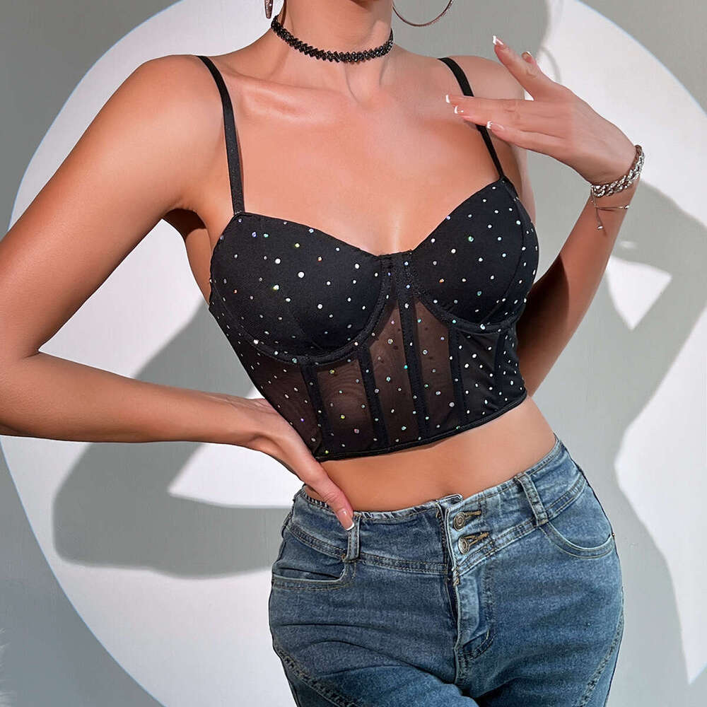 Fashion Sexy Nightclub Style Sequin Fishbone Underwire Push-Up See-Through Crop Slim Fit Tank Top