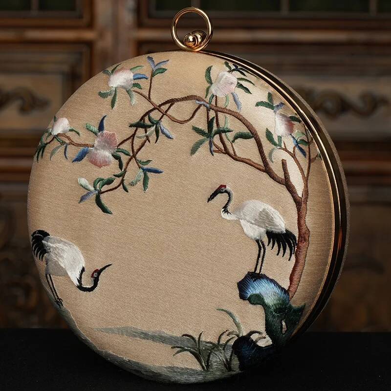 Brand Aristocratic Elegant Round Crossbody Classical Beauty Retro Fashion, Chinese Soviet Style Embroider, Landscape Painting, Flower and Bird Pattern