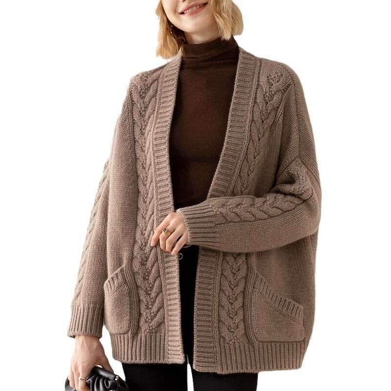 V-Neck Temperament Knitting Cardigan Autumn/Winter 2024 New Loose Fried Dough Twists Medium Length Sweater Women's Coat