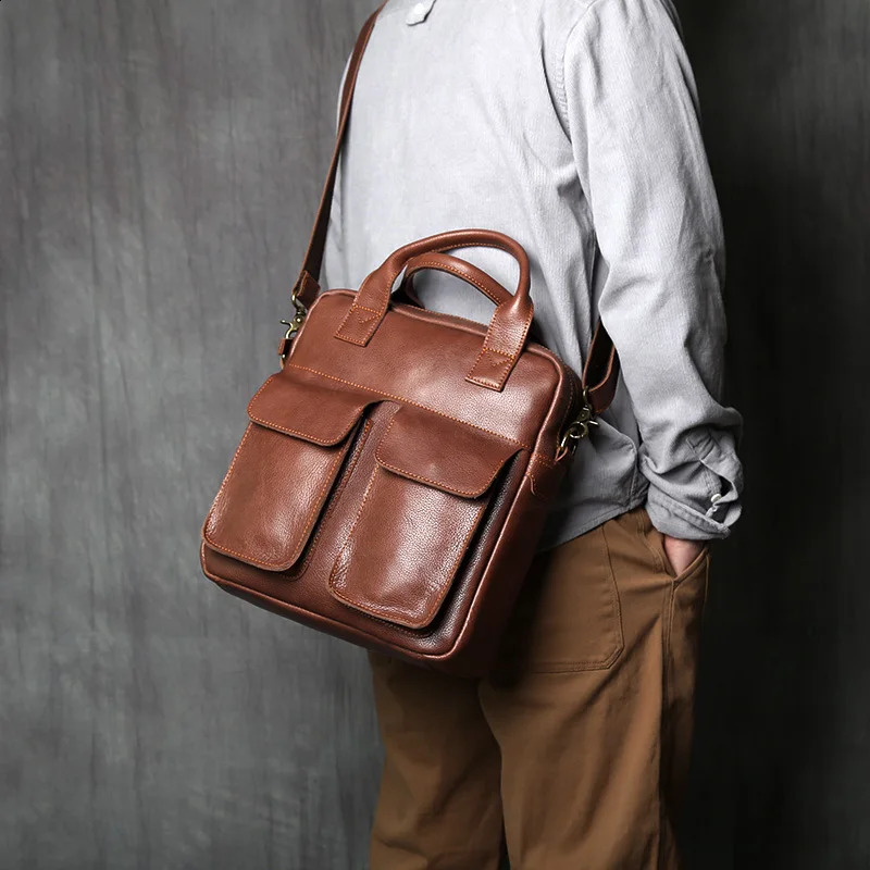 NZPJ Retro Leather Mens Handbag Top Layer Cowhide Vertical Single Shoulder Messenger Bag Postman Briefcase Computer Bag 250804
