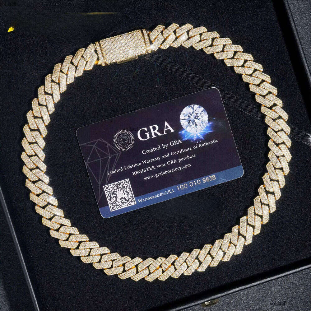 Hot Selling Regular Three Rows Prong Setting 14mm Sier Moissnaite Cuban Link Chain