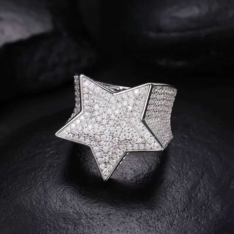 Hip Hop Fashion 3D Star VVS D Moissanite Sparkling Sterling Sier Ring Jewelry for Wedding Party Gift Engagement