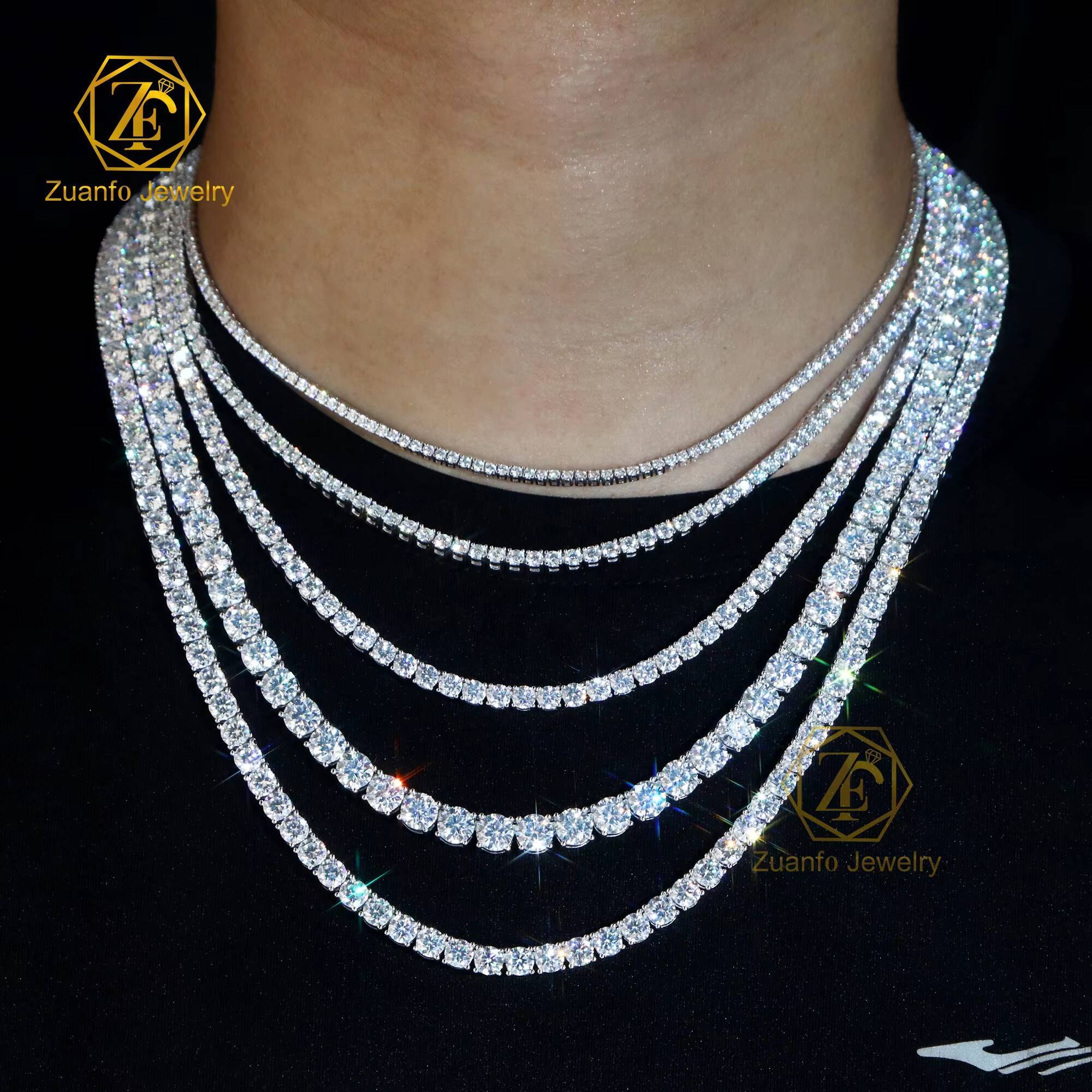 Hip Hop Jewelry High Quality VVS 925 Silver Moissanite Chain 2mm 3mm 4mm 5mm 6.5mm Moissanite Tennis Chain Necklace