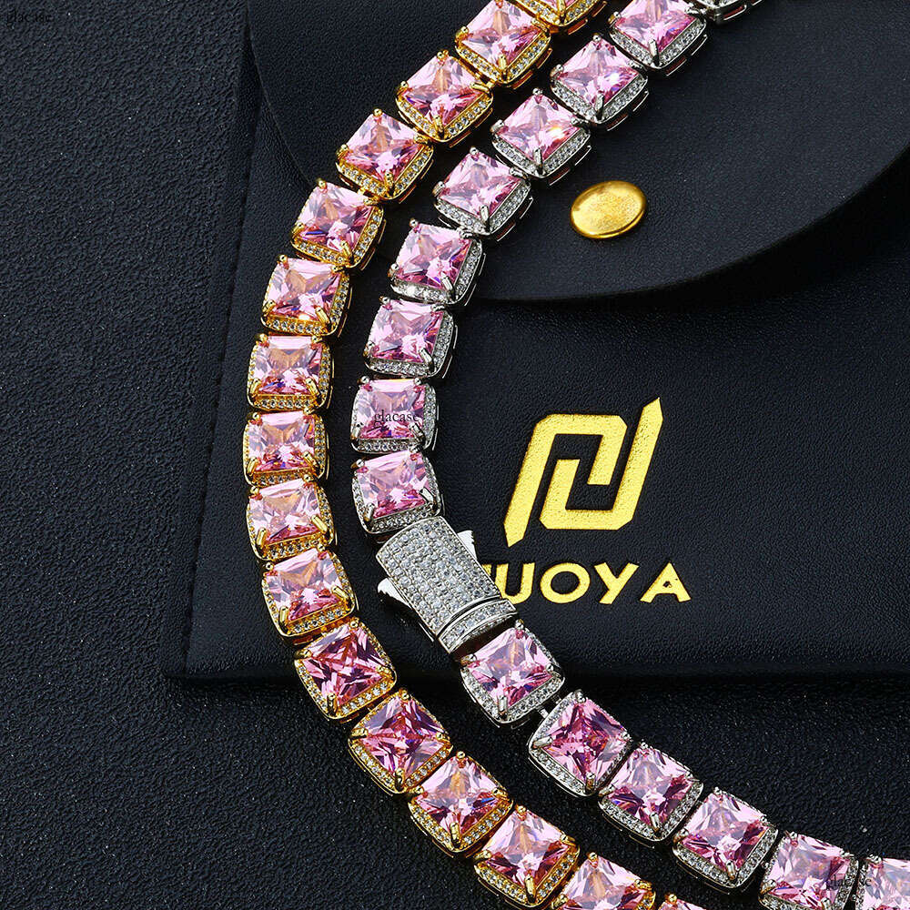 Hip-Hop 10mm Square Pink Moissanite chain Ice Sugar Jewelry Accessories High-End Men's Necklace