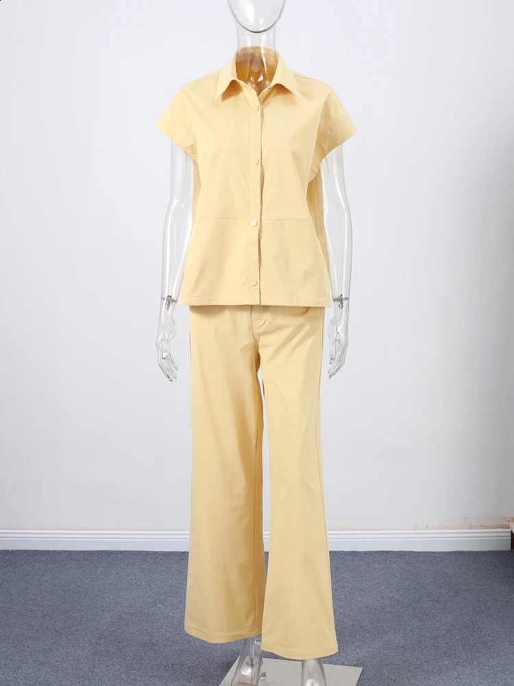 Street Fashion Vest Pants Sets Women Lapel Short Sleeve Single-breasted Waistcoat Wide Leg Trousers 2025 Summer Casual Outfits 250808
