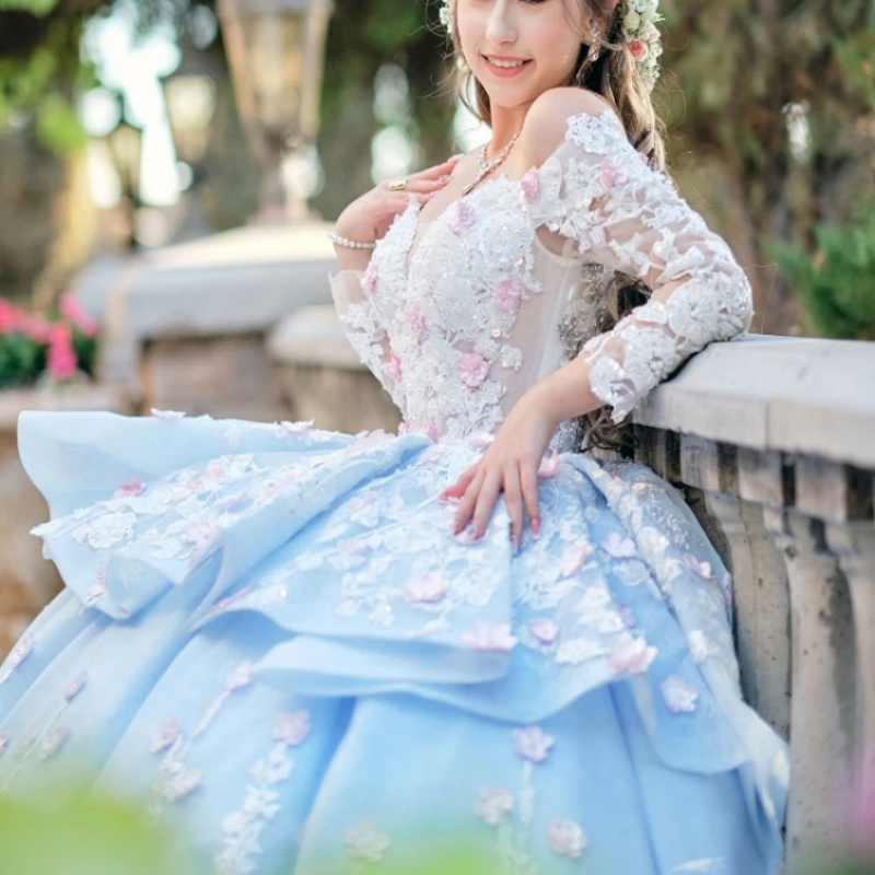Sky Blue Quinceanera Dresses Ball Gown Off The Shoulder Applique Flower Beading Tull Party Birthday Vestidos 15 De Anos