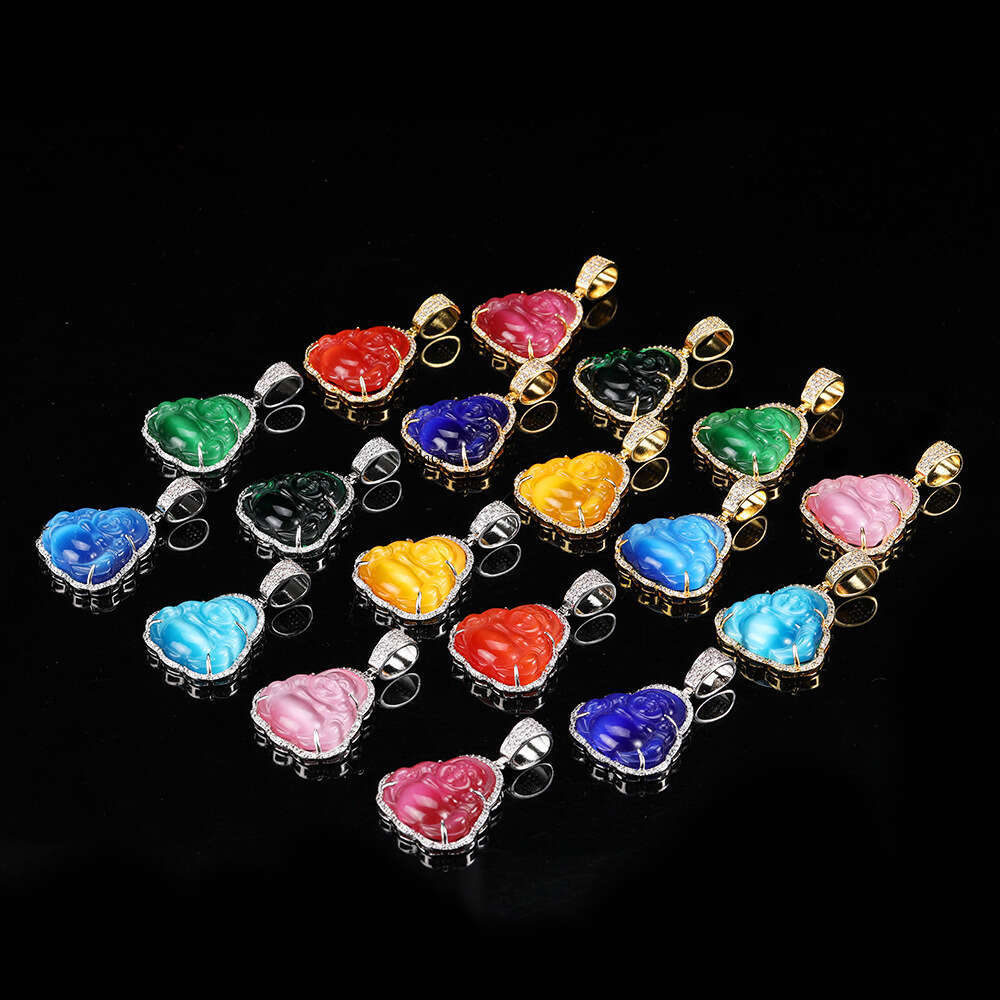 Hip Hop Jewelry Cat's Eye Stone Maitreya Buddha Pendant Unisex Trendy Moissanite chain Necklace