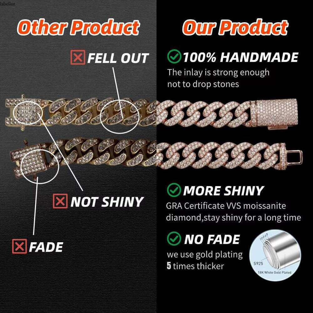 14Mm 2-Row Pure Sier Gold-Plated Vvs Cuban Chain Men's Chilled Hip-Hop Moissanite Fine Necklace